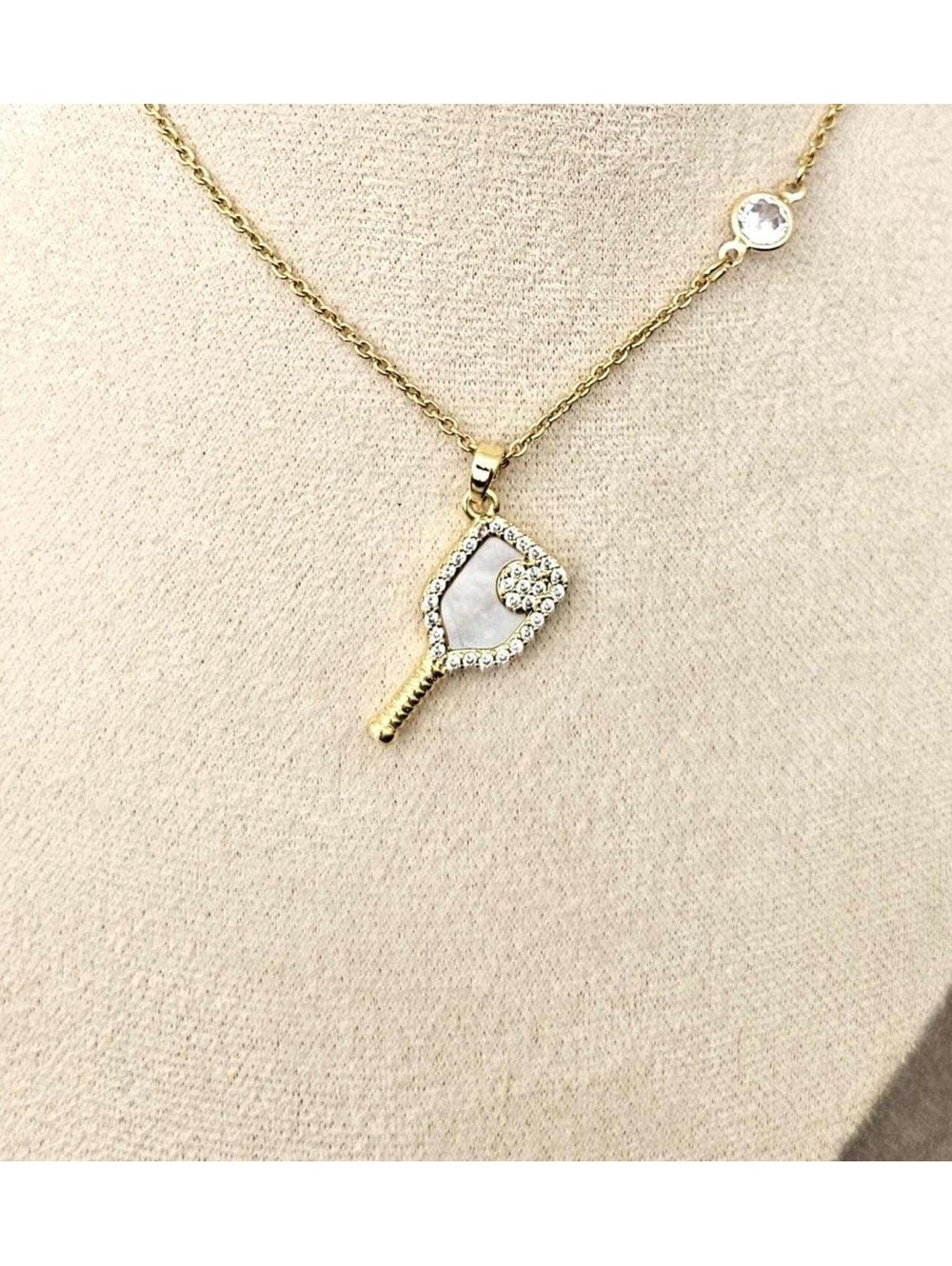 Pickleball Pendant Necklace - CZ Mother of Pearl - Adjustable Gold-plated chain